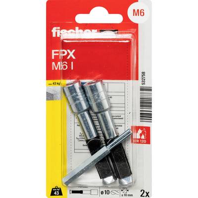 Balenie dvoch kotiev Fischer FPX M6 na stenu s kovovými skrutkami, zobrazené v červeno-bielom maloobchodnom blistrovom balení.
