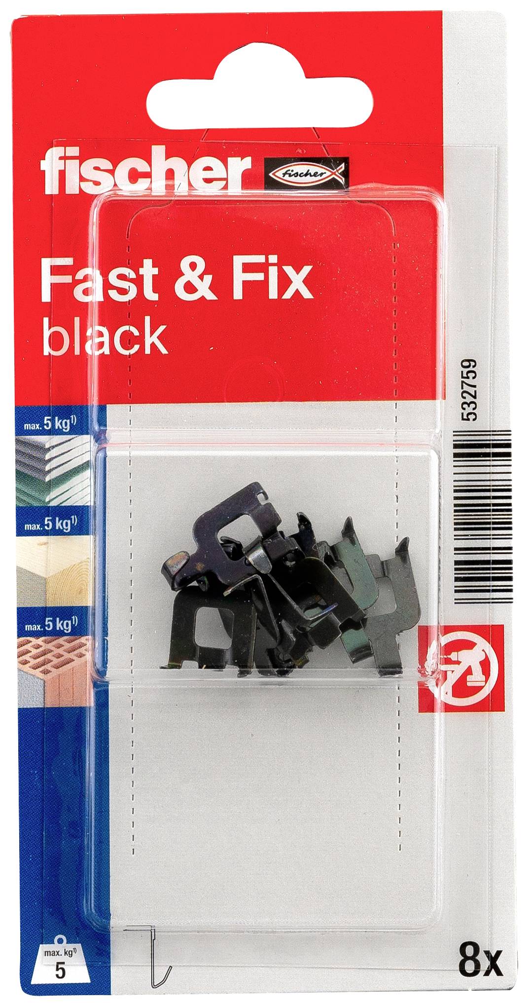 Balenie Fischer Fast & Fix lepiacich pások, čierne, maximálna nosnosť 5 kg, ideálne pre hladké povrchy. Obsahuje 8 kusov.