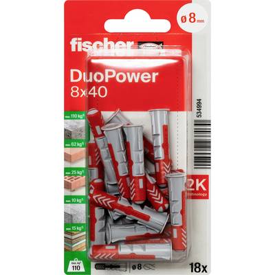 Balenie zástrčiek Fischer DuoPower 8x40, sada 18 kusov, s červenými a sivými kotvami pre vrty priemeru 8 mm.