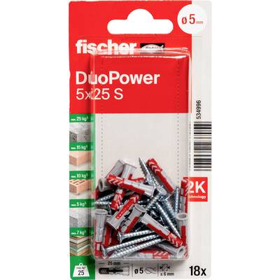 Balíček skľučovadiel fischer DuoPower do steny, 5 x 25 mm, 18 kusov, zobrazené v priehľadnom blistri na červeno-bielom obale.