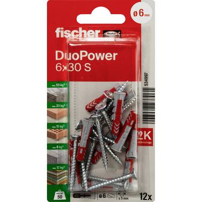 Balenie skrutkovacích kotiev fischer DuoPower 6x30 S určených do steny, zobrazujúce 12 červených a sivých kotiev na otvory 6 mm, s uvedením nosnosti vľavo.