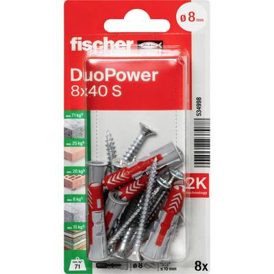 Balík plastových hmoždiniek Fischer DuoPower 8x40 S s viditeľnou veľkosťou vŕtania 8 mm, balenie 8 kusov.