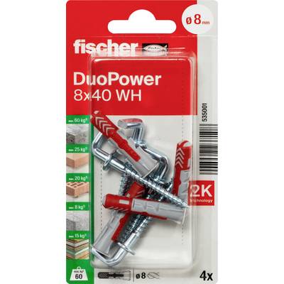 Balenie pre kotvy do steny Fischer DuoPower, veľkosť 8x40 WH, so 4 červeno-sivými plastovými kotvami a skrutkami viditeľnými v čirom blistrovom balení.