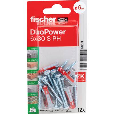 Balík fichierov DuoPower hmoždinky a skrutky, veľkosť 6x30 mm, so 12 kusmi, zobrazený na červeno-bielom maloobchodnom balení.