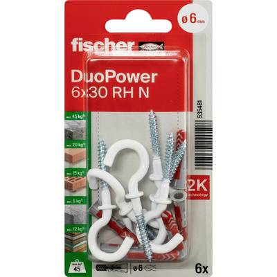 Fischer DuoPower 6x30 RH N sada dúblov na stenu, 6 kusov, so skrutkami a háčikmi na otvory 6 mm