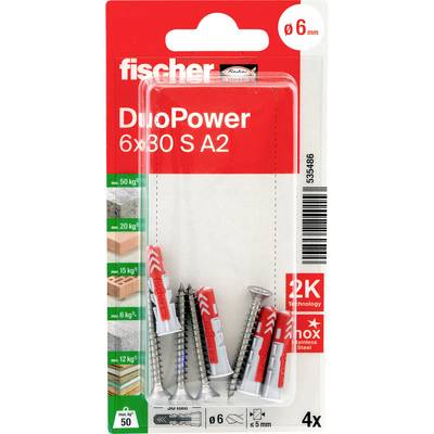 Balenie na Fischer DuoPower 6x30 S A2 hmoždinky do steny, zobrazujúce 4 červeno-sivé kotvy so skrutkami, Ø6 mm, nosnosť 50 kg.