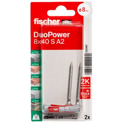 Balenie kotiev Fischer DuoPower 8x40 S A2 do steny, ktoré zobrazuje dva strieborné skrutky a červeno-sivé zástrčky; označené pre otvory 8 mm a 2 kusy.