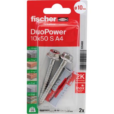 Balenie pre plastové hmoždinky fischer DuoPower, 10x50 S4, 2 kusy, s dvoma skrutkami a veľkosťou vŕtacieho vrtu ø10 mm znázornené.