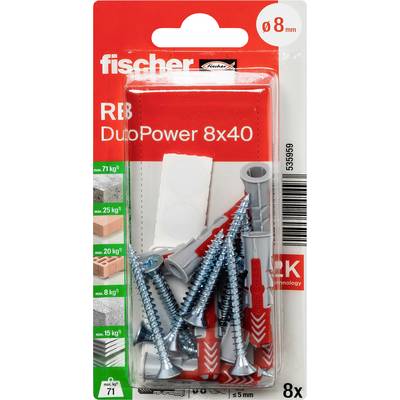 Balík Fischer DuoPower hmoždí a skrutiek, označený „8x40" a „Ø 8 mm", zobrazený v červenom blistrovom balení.