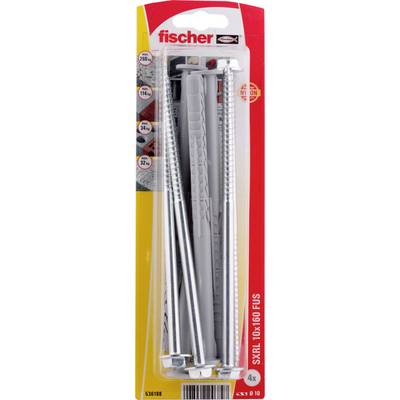 Balenie Fischer SXRL 10x160 FUS kotiev do steny so skrutkami, zobrazujúce štyri strieborné kotvy v priehľadnom plastovom obale.