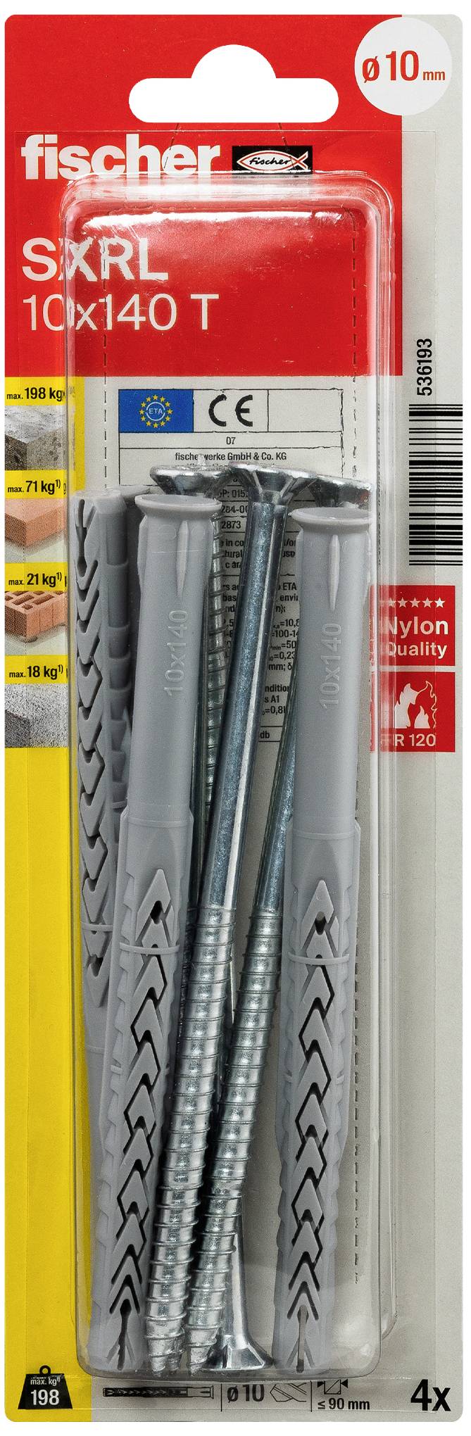Balenie štyroch sivých hmoždiniek Fischer SXRL 10x140 T vrátane skrutiek, vhodných pre rôzne druhy stavebných materiálov, pre priemer až 10 mm.