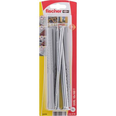 Balené Fischer skrutky a plastové hmoždinky označené SXRL 10x160 T, štyri kusy.