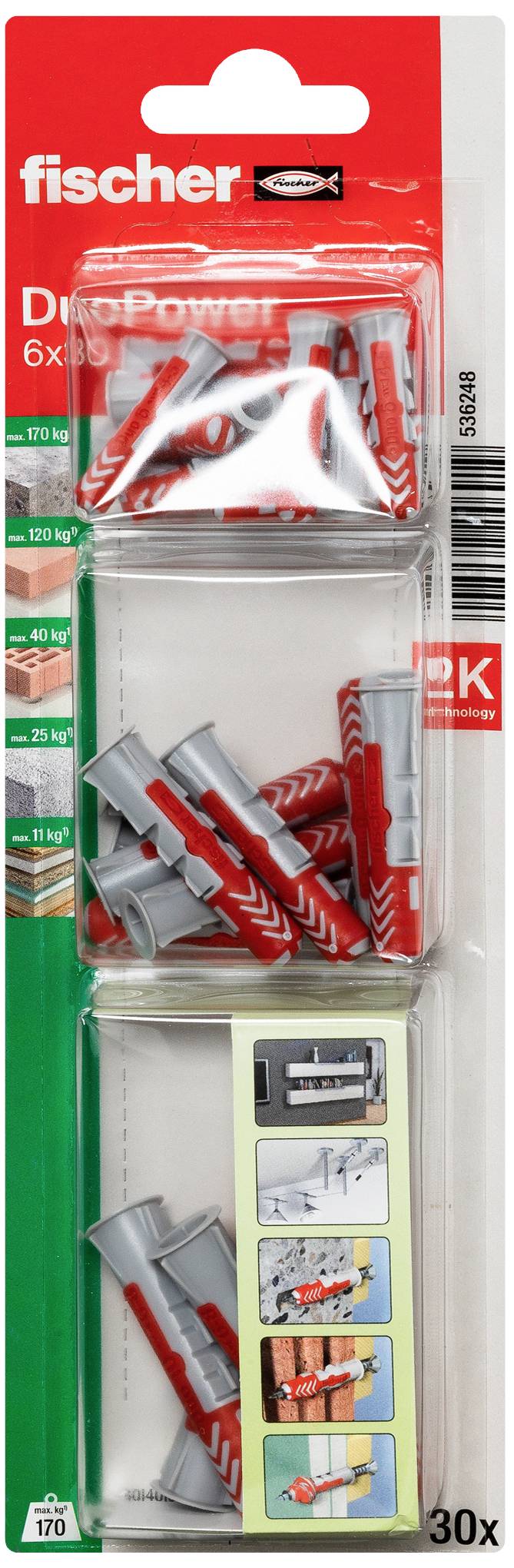 Balenie hmoždiniek Fischer 'DuoPower' v červenej a sivej farbe, 6x30 mm, 30 kusov. Návod na použitie na obale.