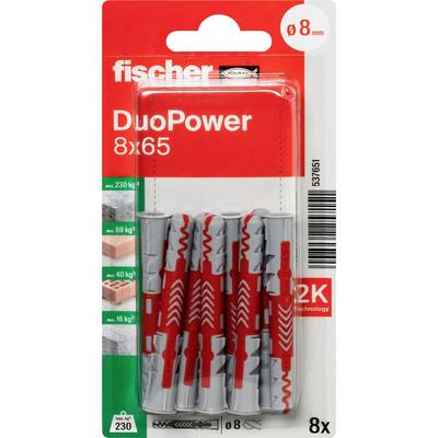 Balenie na stenovú kotvicu Fischer DuoPower 8x65, zobrazujúce červené a sivé plastové kotvy s ikonou 8 mm vrtáka a počtom 8 kusov v balení.