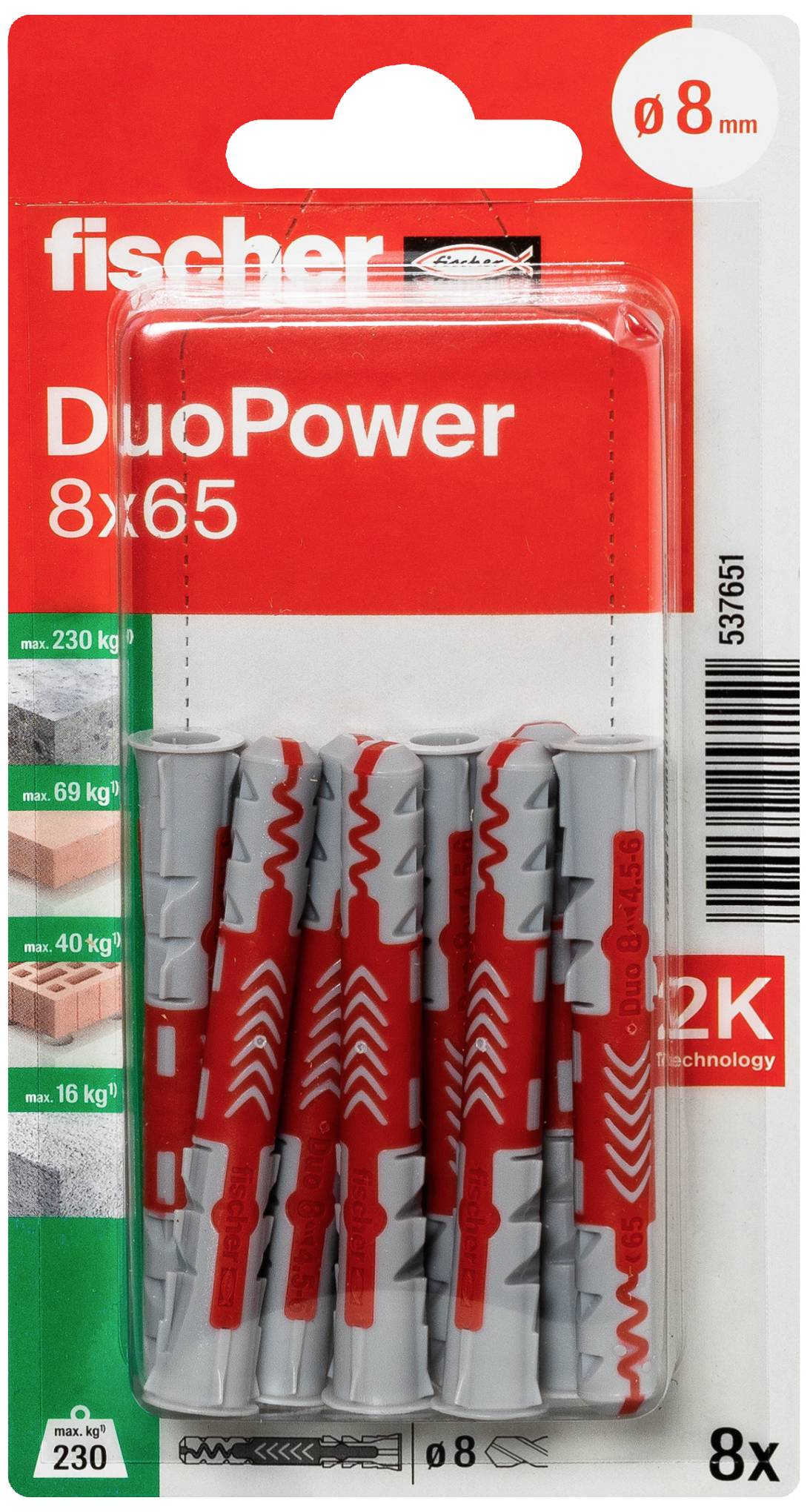 Sada hmoždiniek Fischer DuoPower 8x65, obsahuje 8 hmoždiniek, vhodná pre betón, tehly a pórobetón; zaťažiteľnosť až do 230 kg.