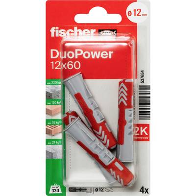 Balenie Fischer DuoPower zástrčiek do steny, 12 x 60 mm, na vrtané otvory ø12 mm, so 4 kotvami zobrazené v červenom a sivom balení v blister forme.