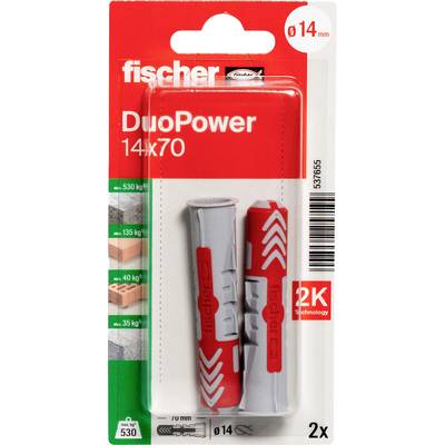 Balenie pre plastové kotvy Fischer DuoPower 14 x 70, 2-balenie, zobrazujúce veľkosť vrtáka 14 mm a technológiu 2K.