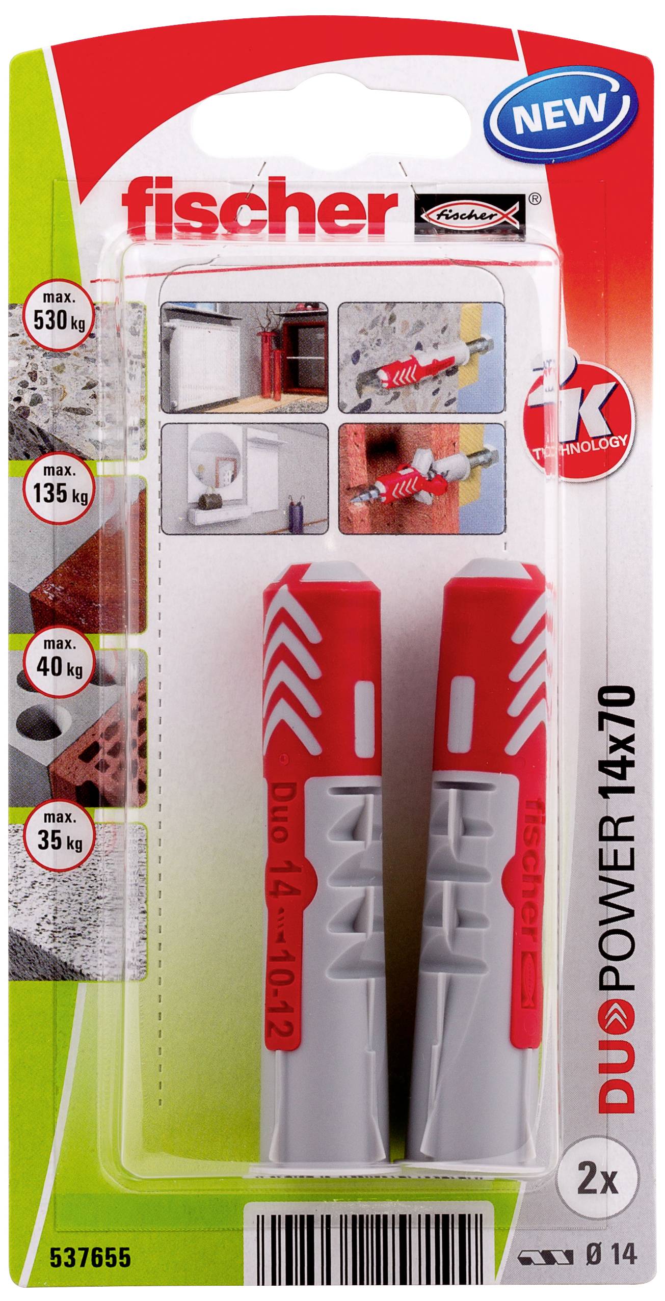 Dva červené a sivé hmoždinky značky Fischer na obale. Hore je napísané 'DUOPOWER 14 x 70', na pravej strane sú príklady použitia.