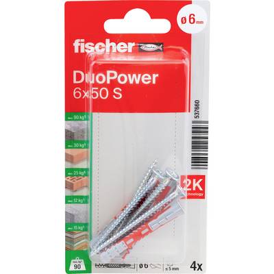Balenie Fischer DuoPower 6x50 S hmoždinky a skrutky, 4 kusy, na vŕtacie otvory 6 mm, s nosnosťami uvedenými vľavo.