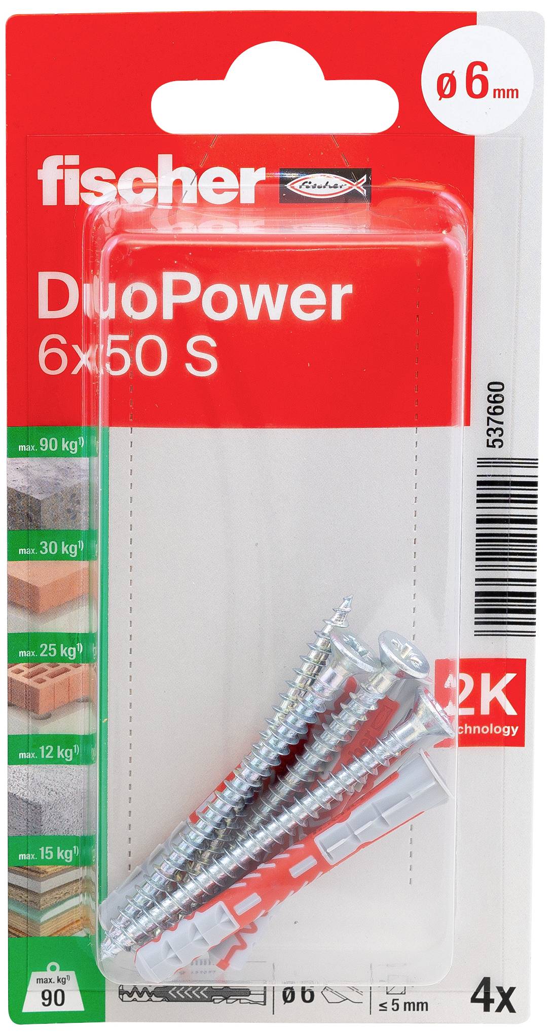 Balenie štyroch hmoždiniek Fischer DuoPower 6x50 S vrátane skrutiek. Vhodné pre zaťaženie až do 90 kg na rôznych povrchoch.