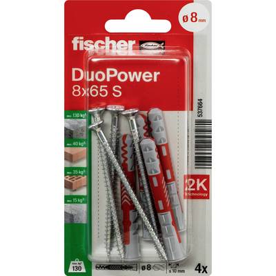 Balíček Fischer DuoPower hmoždiniek a skrutiek, označený „8 mm", „8x65 S" a „4x", zobrazujúci štyri sivočervené hmoždinky so skrutkami