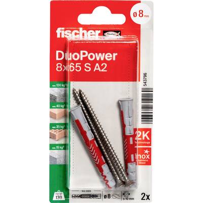 Balenie pre Fischer DuoPower 8x65 S A2 dúbels na steny a skrutky, zobrazujúce dva kotvy a skrutky, 2 kusy, pre otvory 8 mm a dĺžku 65 mm.