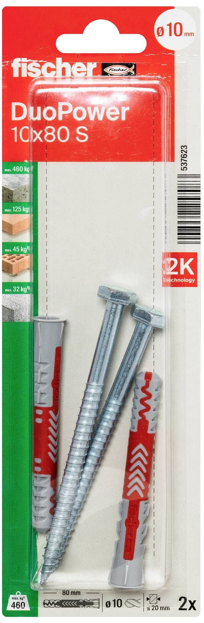 Balenie hmoždiniek Fischer DuoPower 10x80 mm so skrutkami, vhodné pre rôzne stavebné materiály a spoľahlivé upevnenia.