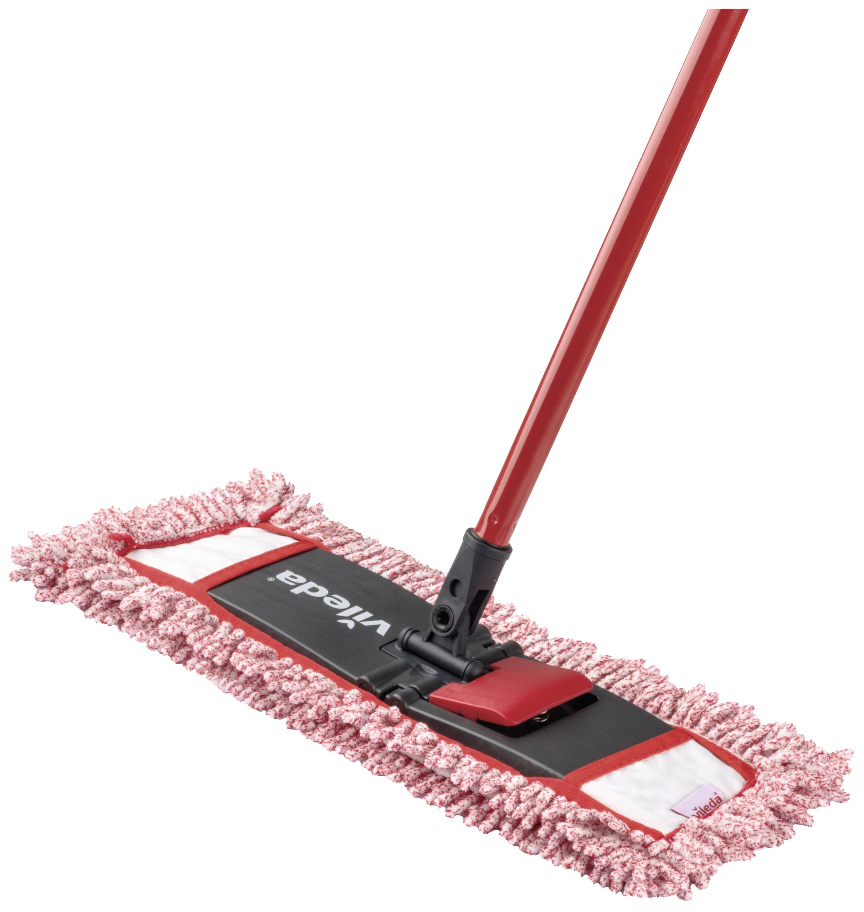 Červený mop s obdĺžnikovitou, jemnou mikrofibrovou hlavicou, vhodný na čistenie veľkých plôch.