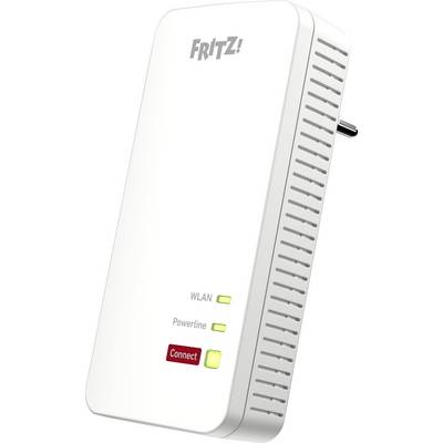 Biely FRITZ! Powerline adaptér s funkciou WLAN. Dve zelené LED diódy pre WLAN a Powerline, jedna červená LED dióda pre 'Connect'.
