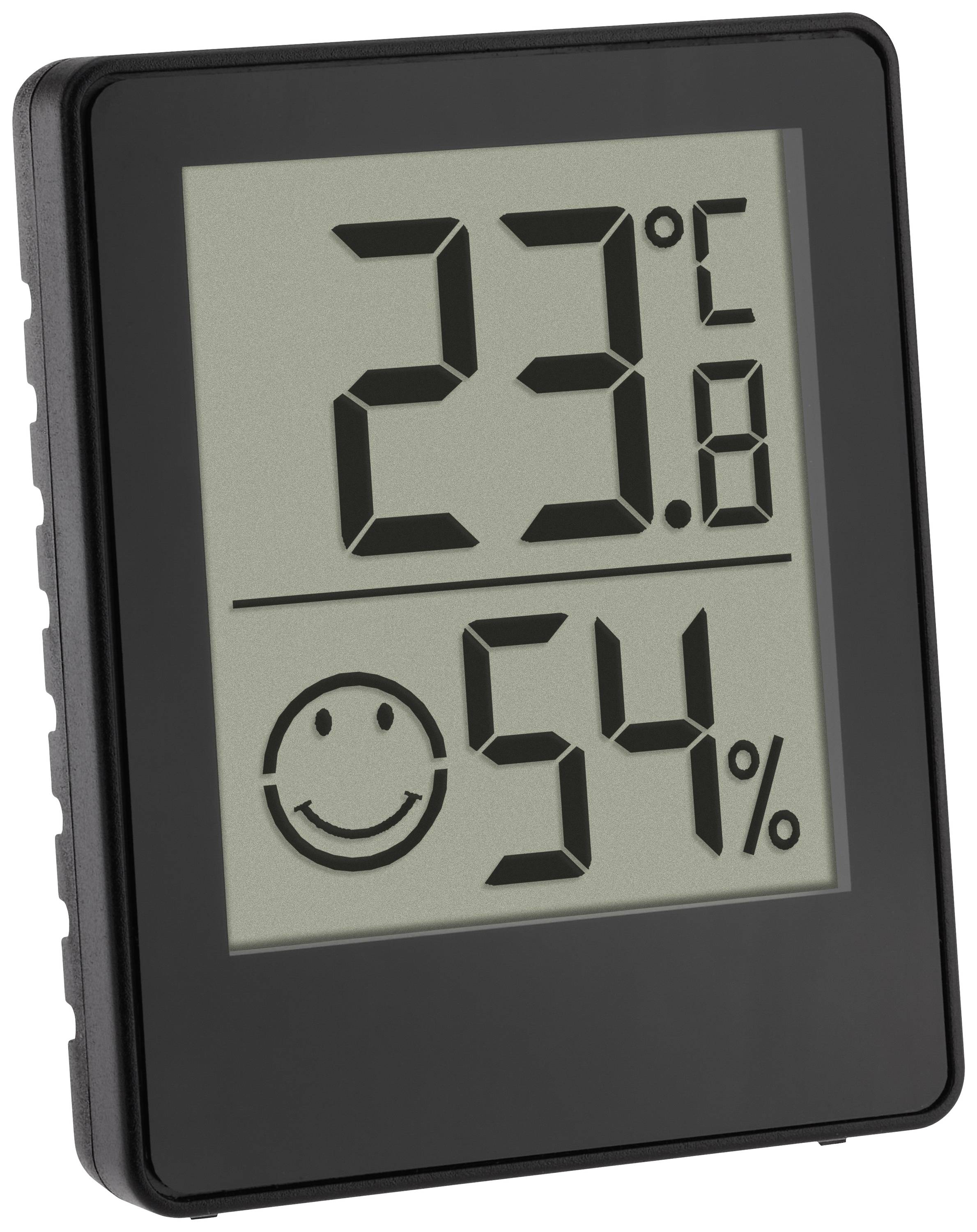 Digitálny teplomer a vlhkomer s údajom 23,8°C a 54% relatívnej vlhkosti. Smajlík signalizuje príjemné podmienky.