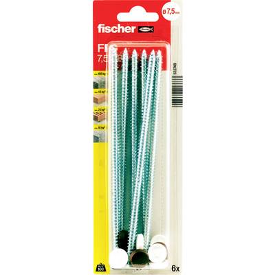 Balenie šiestich Fischer skrutiek, označené 7,5 mm, zobrazené v červeno-bielom blistrovom balení s podrobnosťami o produkte a čiarovým kódom.