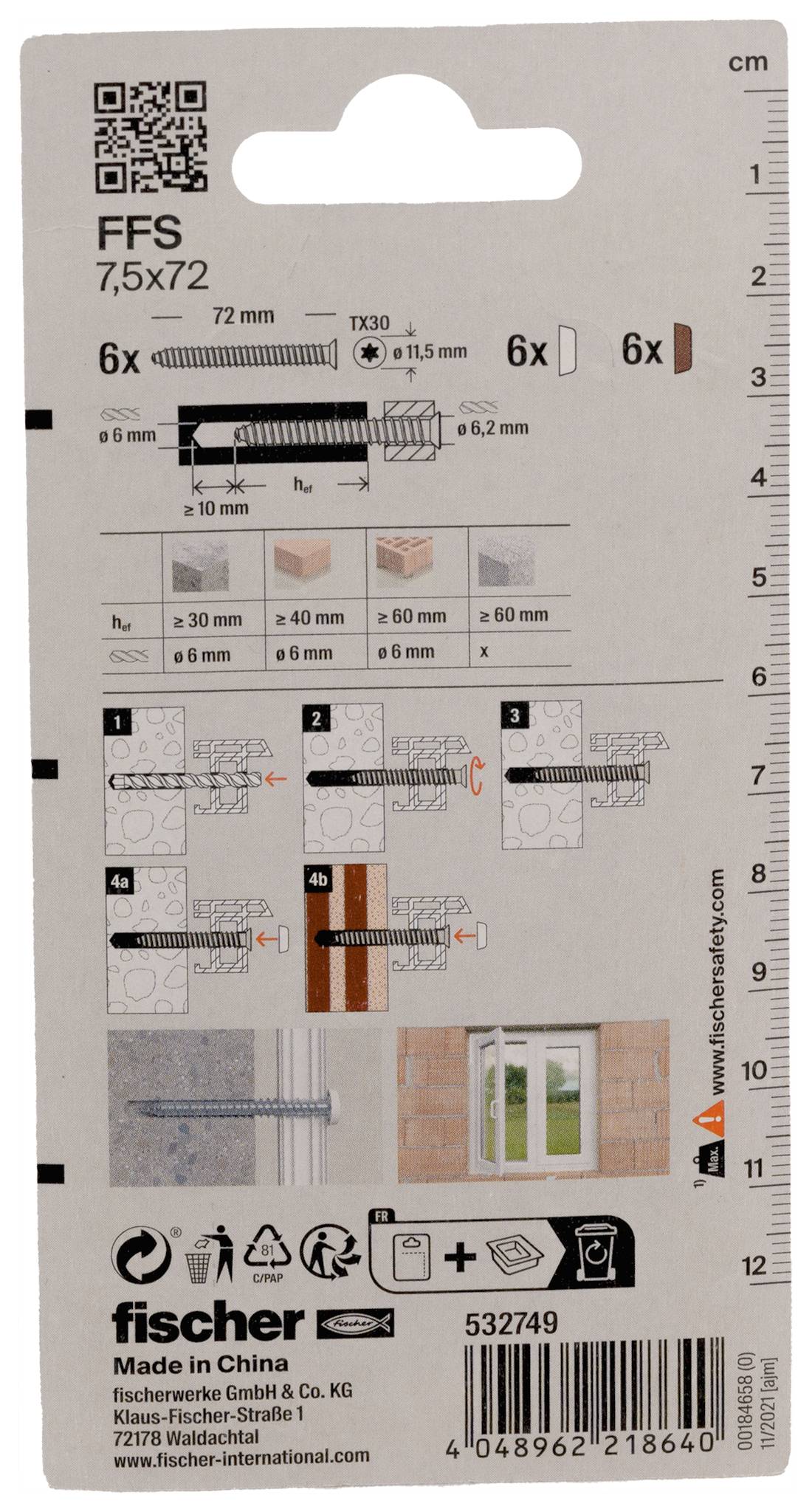 Obal produktu pre plastové kotvy Fischer FFS 7,5x72 a skrutky, zobrazujúci diagram veľkosti, kroky inštalácie, limity zaťaženia a čiarový kód.