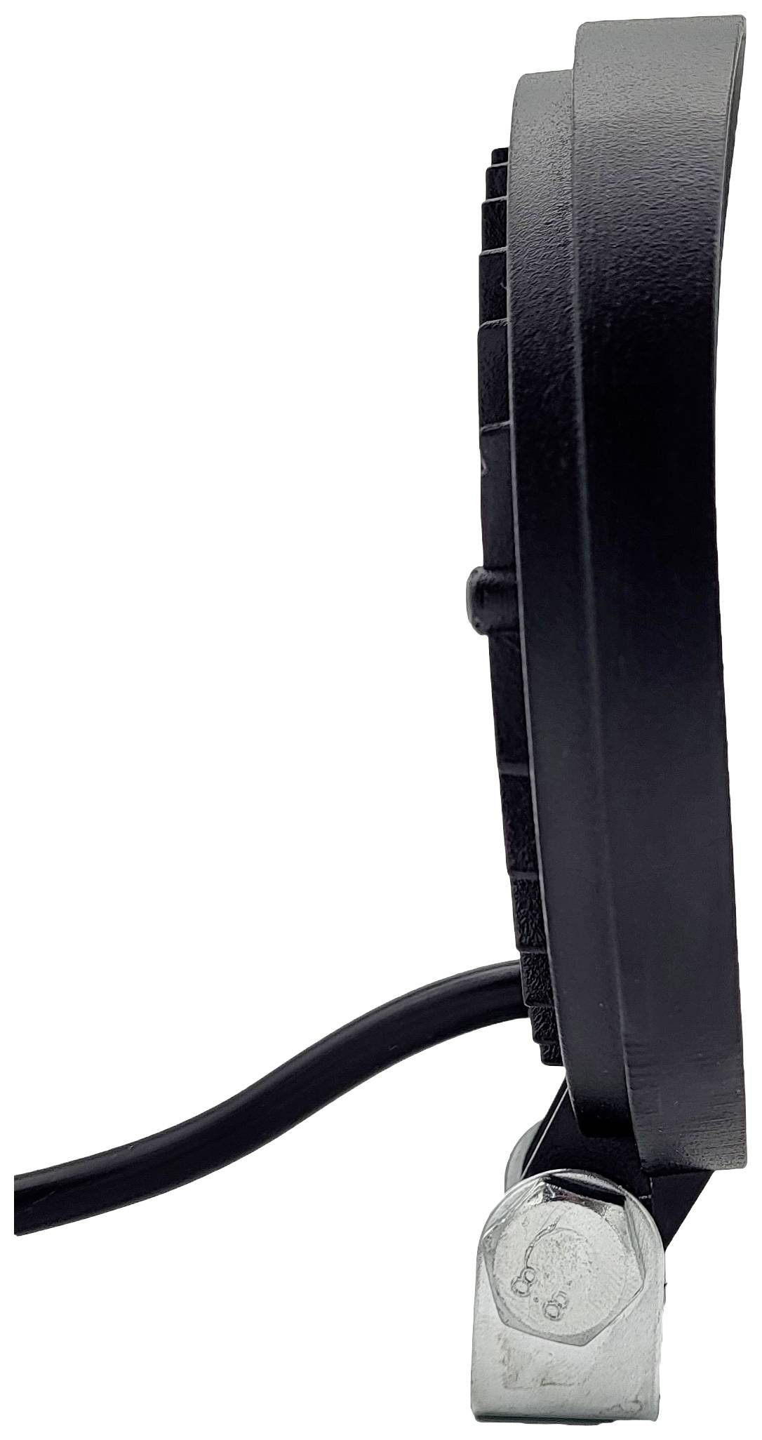 Pohľad z bočnej strany čierneho okrúhleho LED reflektora s káblom a montovateľnou základňou.