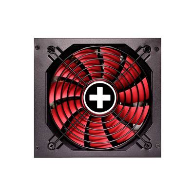 Čierny počítačový ventilátor s červenými krídlami a bielym znamienkom plus uprostred.