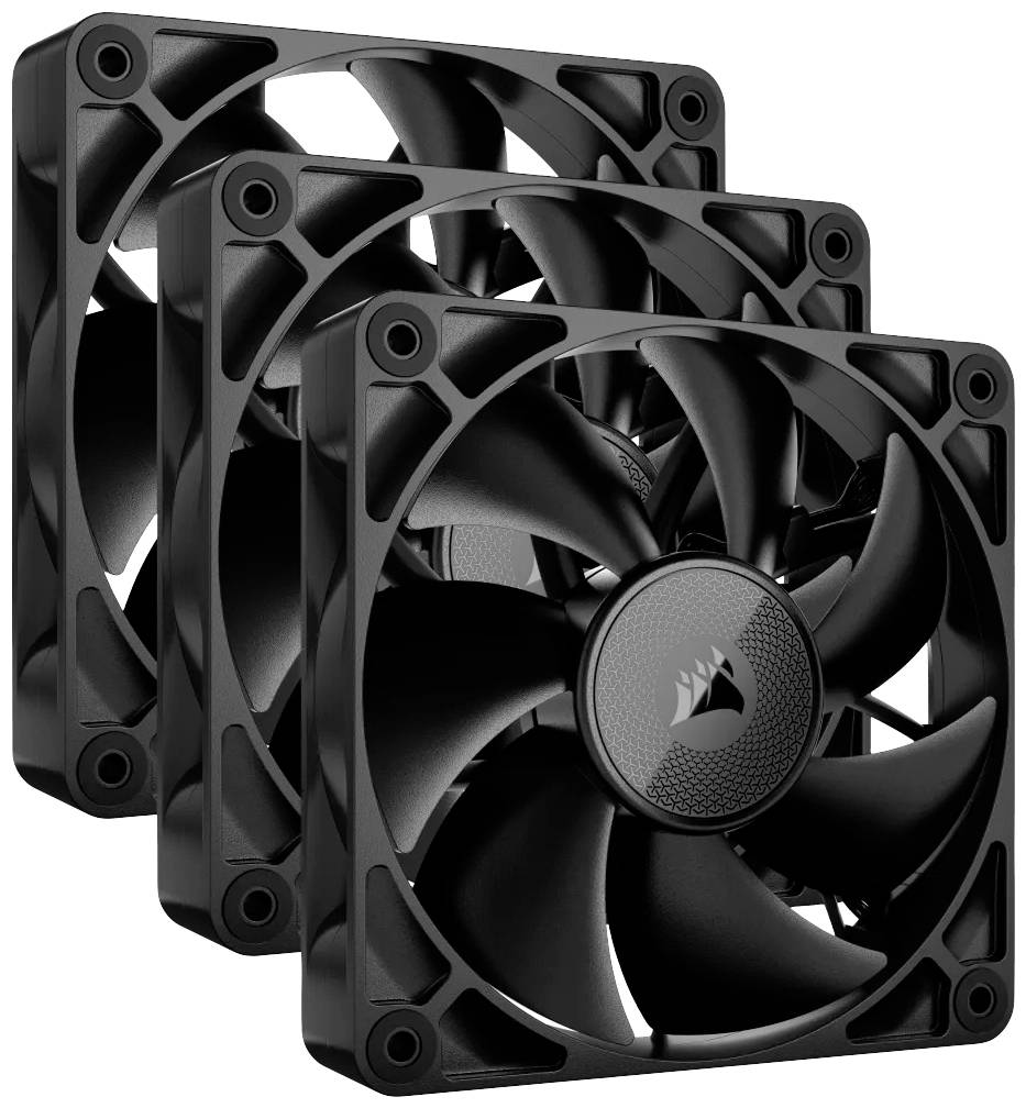 Tri čierne počítačové ventilátory v diagonálnom usporiadaní, viditeľné spredu, každý s firemným logom v strede.