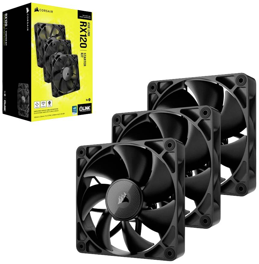 Tri čierne ventilátory od Corsair, v pozadí ich pôvodná krabica. Text na obale znie: 'Corsair iCUE SP120 RGB Elite'.