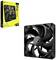 Čierny počítačový ventilátor s deviatimi lopatkami pred žltým produktovým kartónom, na ktorom je napísané 'Corsair RGB Fan RX140'.