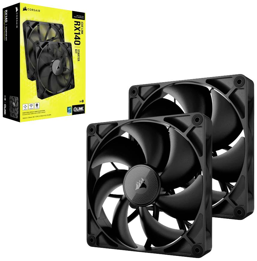 Corsair RX140 ventilátory, dva čierne, vedľa seba, v popredí. Žltá krabica v pozadí, značka 'Corsair'.