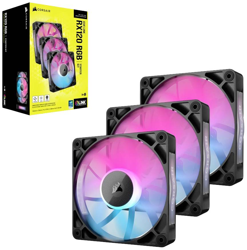 Tri RGB ventilátory do skrine od Corsairu s viacfarebným osvetlením a štvorcovým dizajnom, vedľa ktorých je balenie s údajmi o produkte.