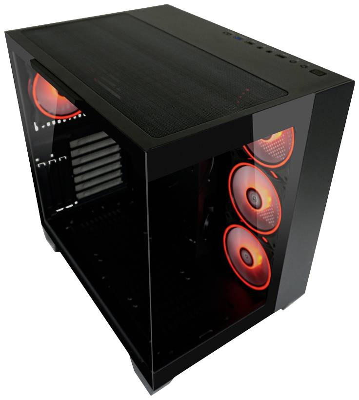 Čierna PC skrinka s tromi červeno podsvietenými ventilátormi na boku a priehľadným skleneným predným krytom, ktorý odhaľuje vnútorné komponenty.