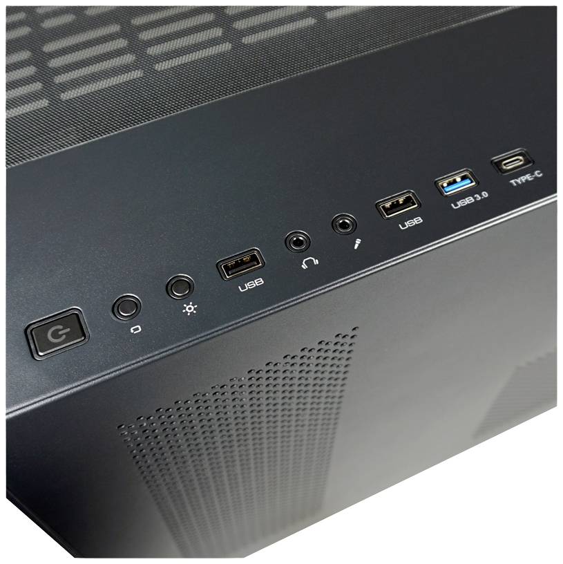 Horná strana počítačovej skrine s napájacím spínačom, dvoma USB portami, audio konektorom, USB 3.0, USB Type-C a vetracími otvormi.