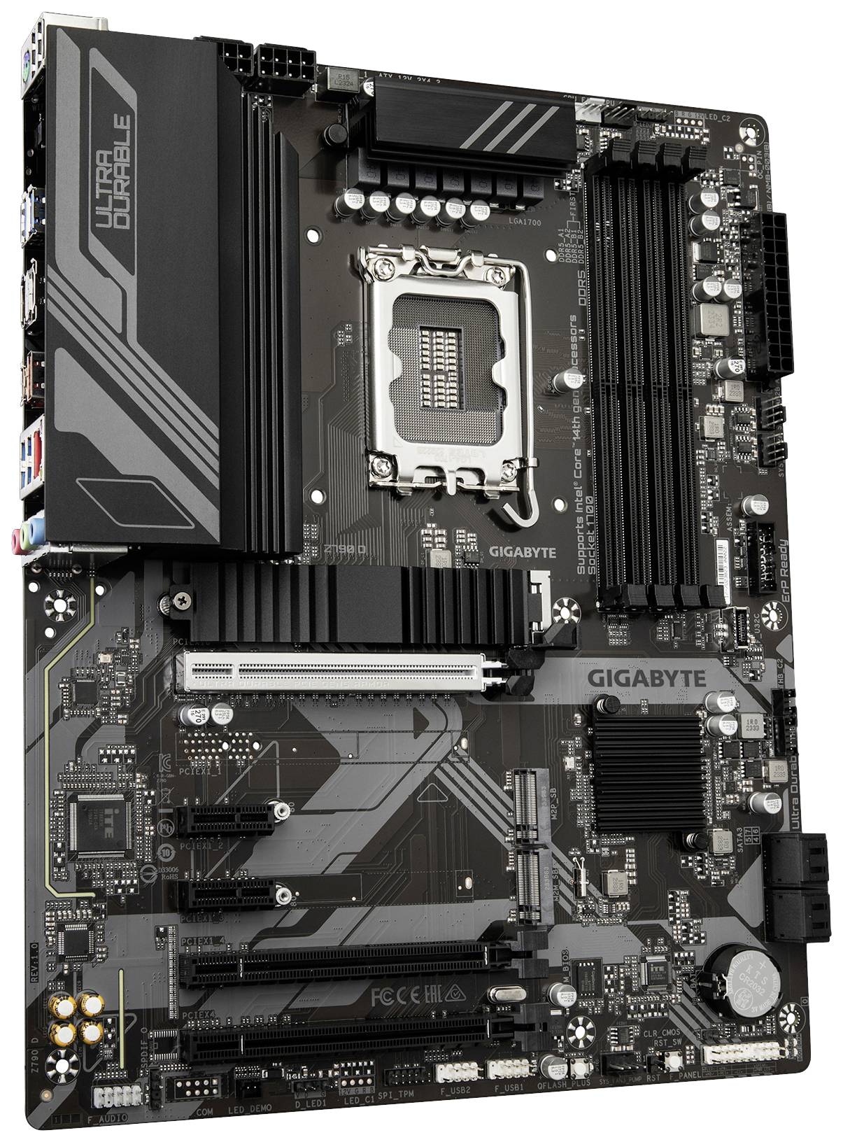 Základná doska od Gigabyte, model Z790 D DDR4, s päticou pre procesor Intel, viacerými slotmi pre RAM a rozširujúcimi PCIe slotmi.