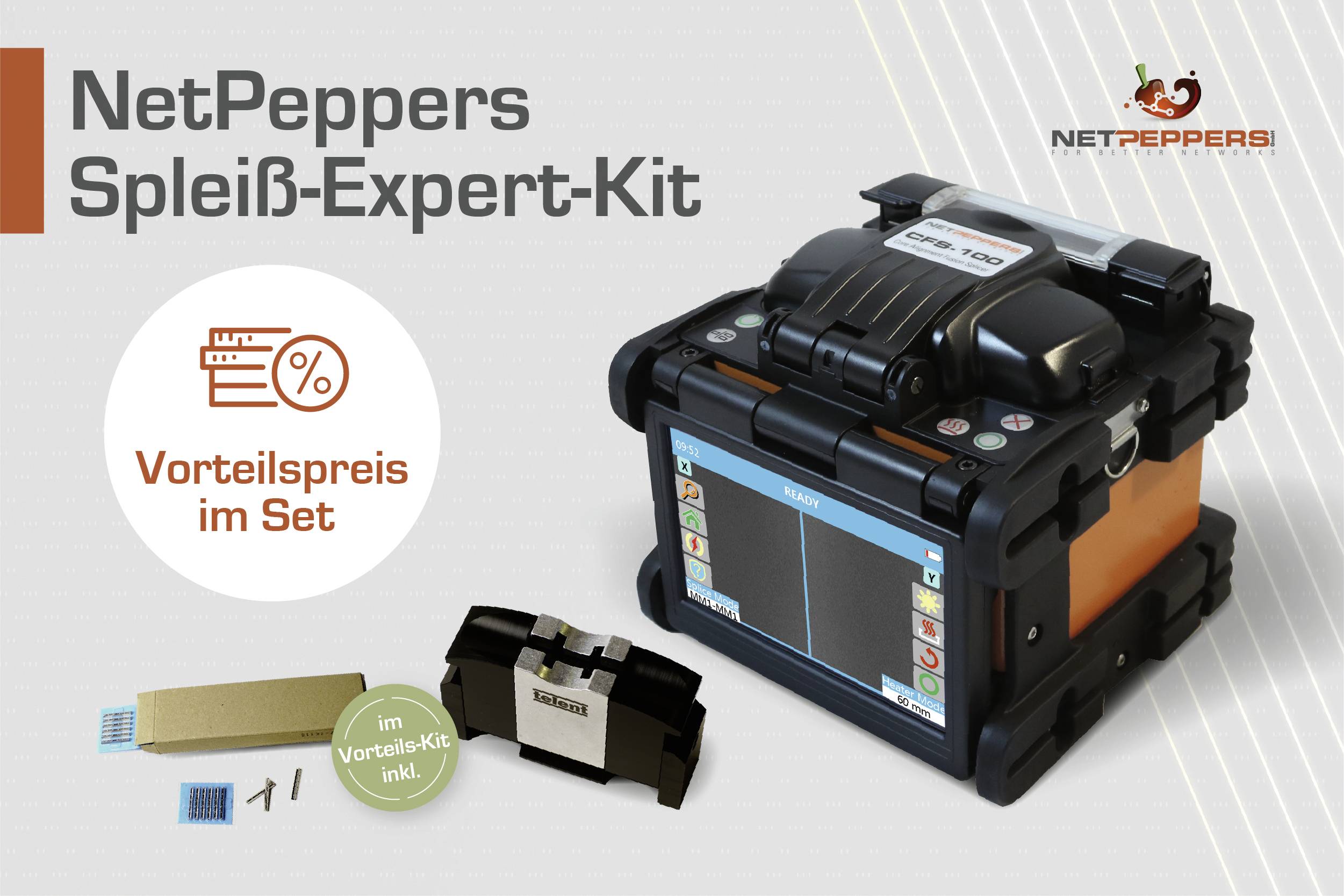 NetPeppers Spleiš-Expert-Set: Obrázok splejovacej jednotky a príslušenstva s poznámkou 'Výhodná cena v sete'.