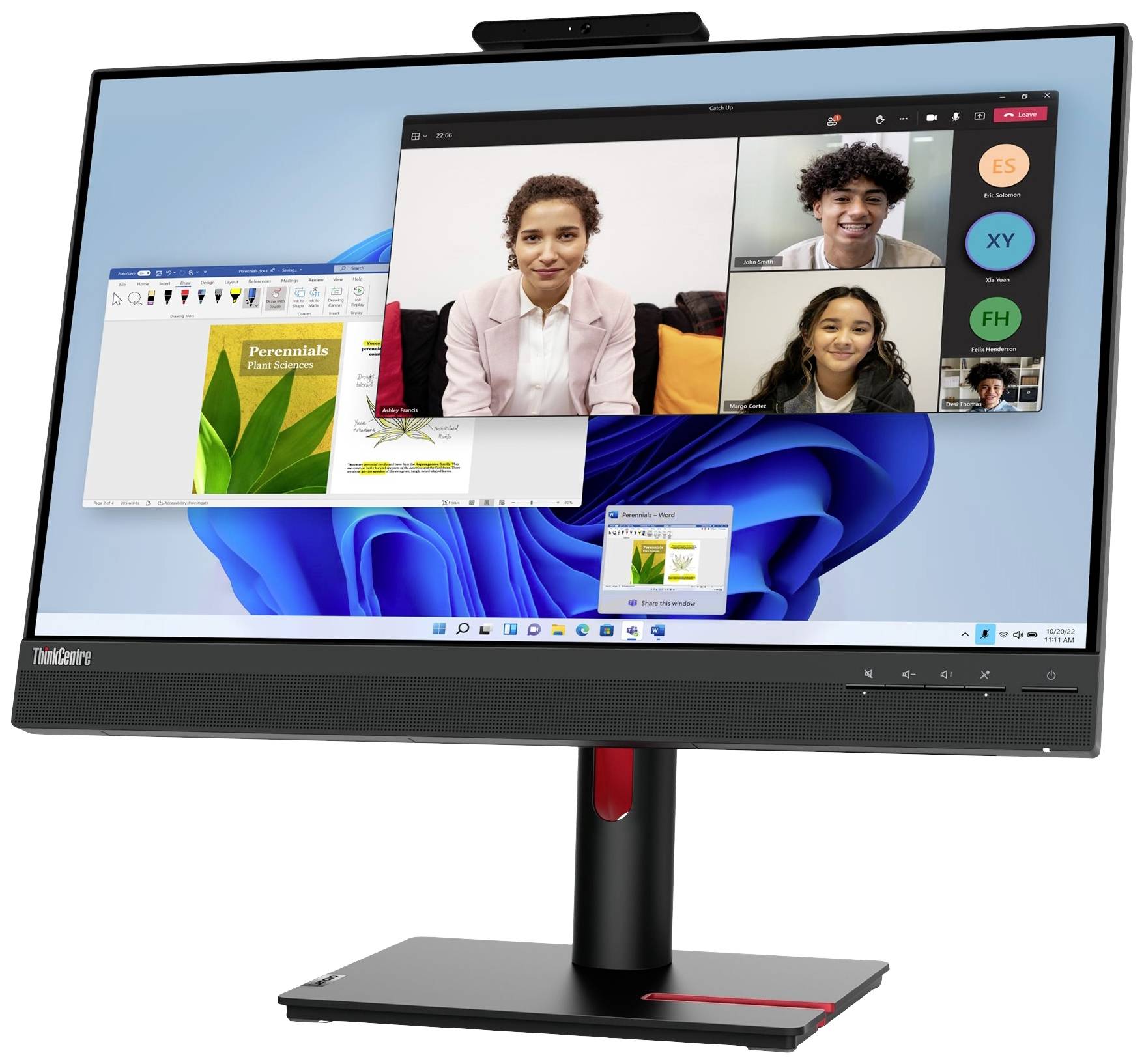 Monitor zobrazuje videohovor so štyrmi osobami. Vpravo je viditeľný digitalizovaný dokument. Používateľské rozhranie je Windows 11.