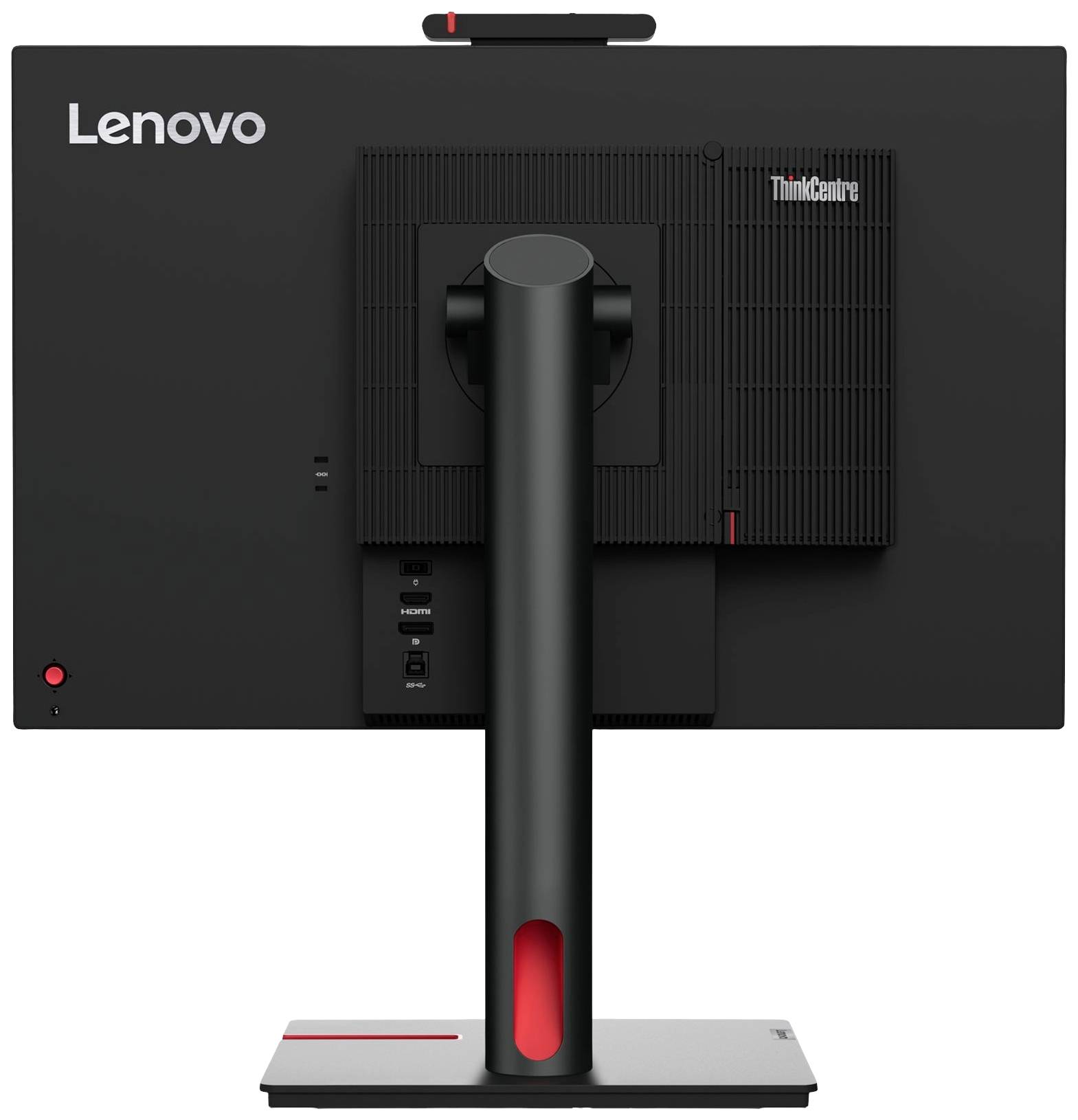 Pohľad zboku zozadu na monitor Lenovo ThinkCentre. Viditeľný je stojan, niekoľko portov a logo Lenovo.