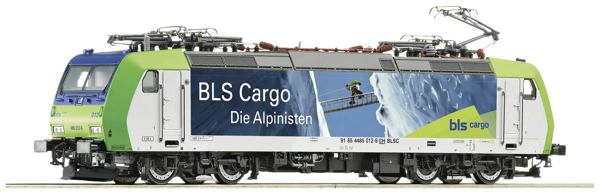 Obrázok zobrazuje lokomotivu spoločnosti BLS Cargo, vyzdobenú obrázkom horolezca a nápisom "Alpinisti".