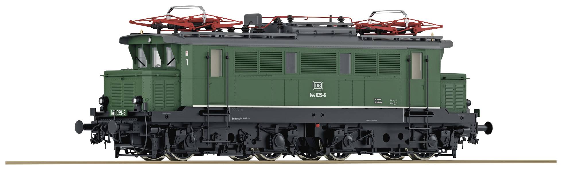 Zelená elektrická lokomotíva Deutsche Bahn stojí na koľajniciach. Má červené sběrače a je zobrazená z bočnej strany.