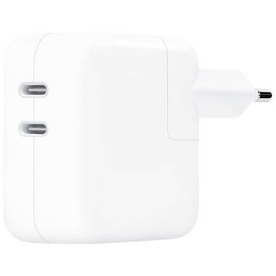 Biele USB-C nabíjačka s dvoma portami, pohľad z boku.