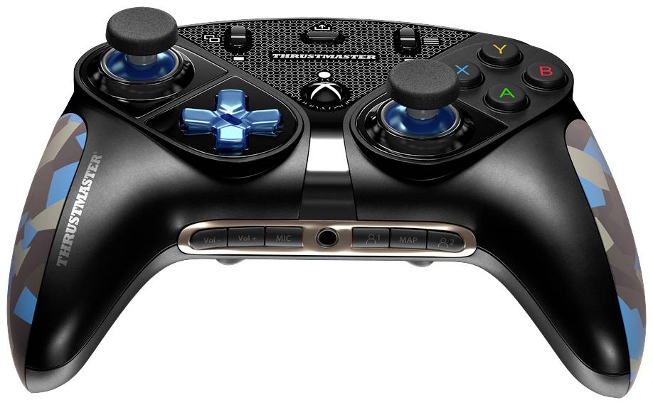 Čierny herný ovládač s farebnými tlačidlami a dvomi joystickmi, vhodný pre počítačové hry.