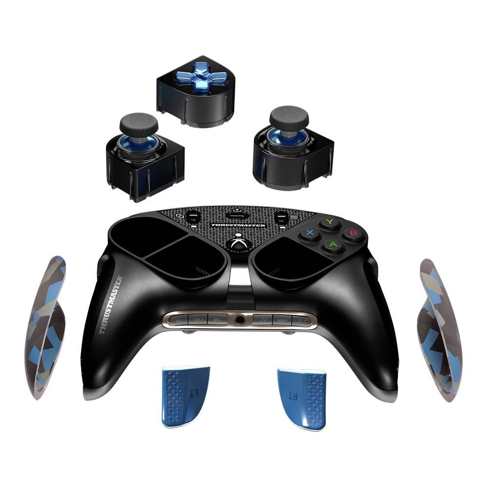 Zobrazený je čierny herný ovládač s odnímateľnými modrými prvkami a vymeniteľnými joystickmi.